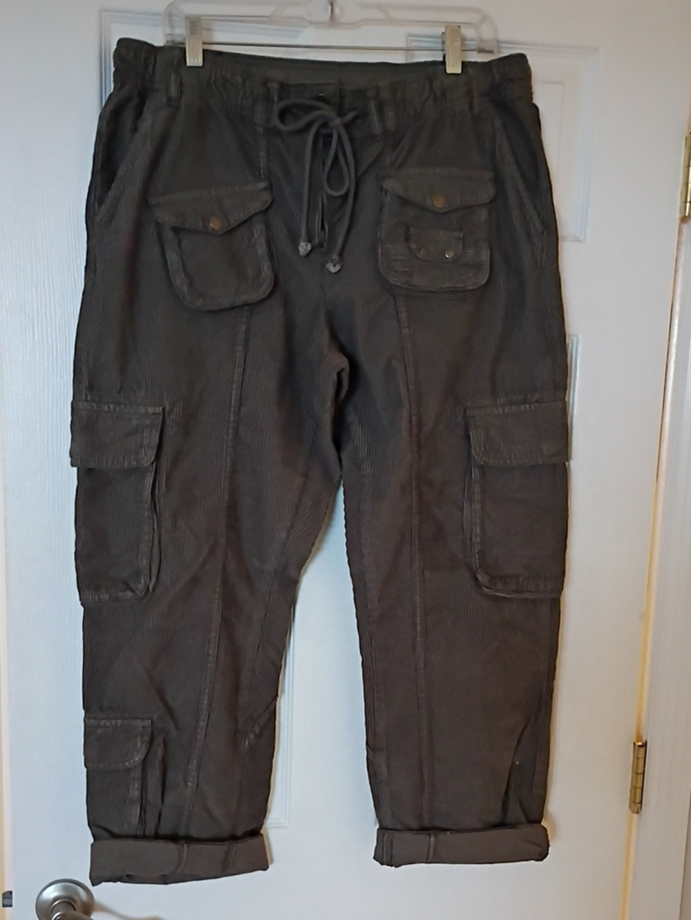 Free People Tahiti Cargo Drawstring Corduroy Pants in Charcoal, L